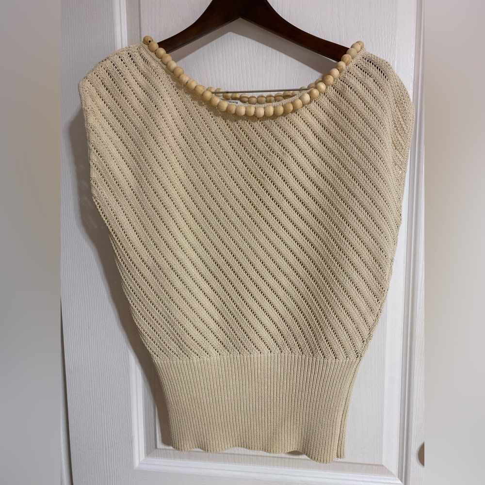 Zara Knit Top Sleeveless Boat Beaded Neckline Cream Size M - Picture 2 of 10